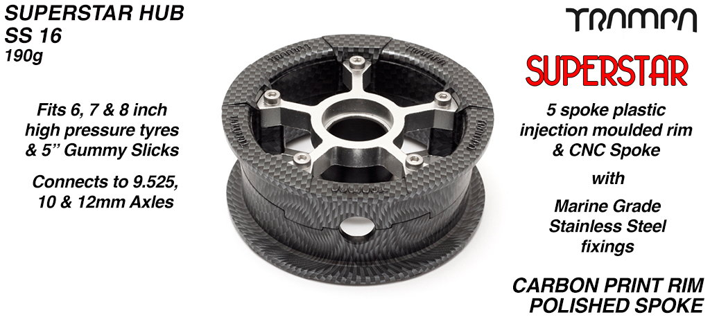 SUPERSTAR Hub 3.75 x 2 Inch - Carbon print Rim with Silver anodised Spokes & Marine Grade Stainless Steel Bolt kit