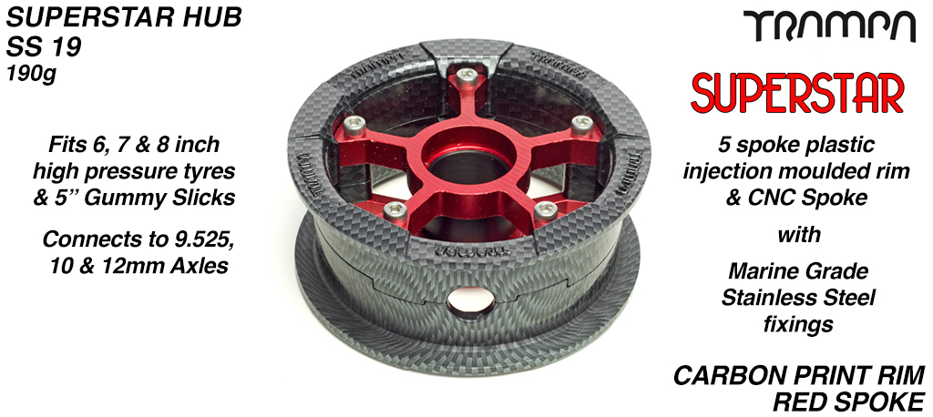SUPERSTAR Hub 3.75 x 2 Inch - Carbon print Rim with Red anodised Spokes & Marine Grade Stainless Steel Bolt kit