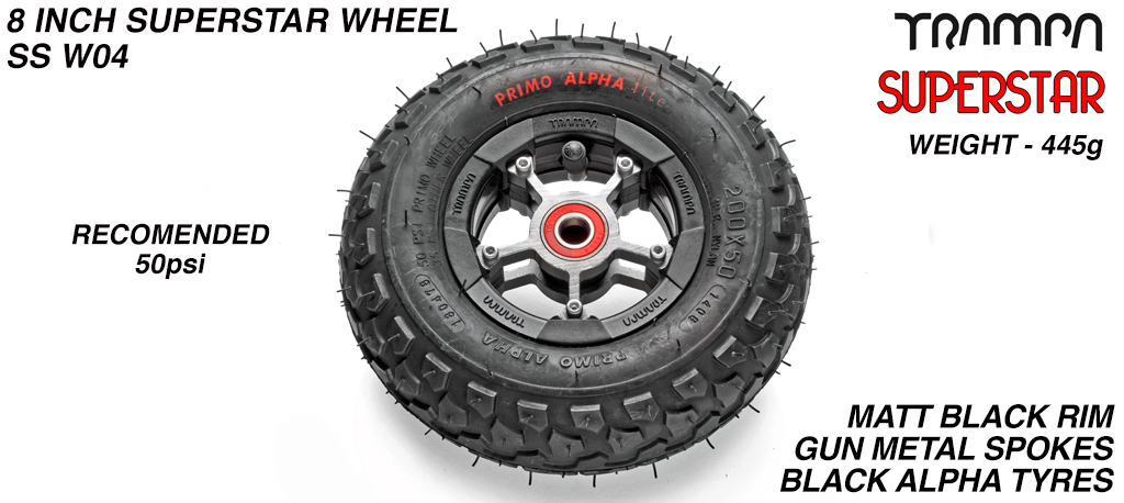 Superstar 8 inch wheel - Black Rim with Gunmetal Anodised spokes & Black Alpha 8 Inch Tyres