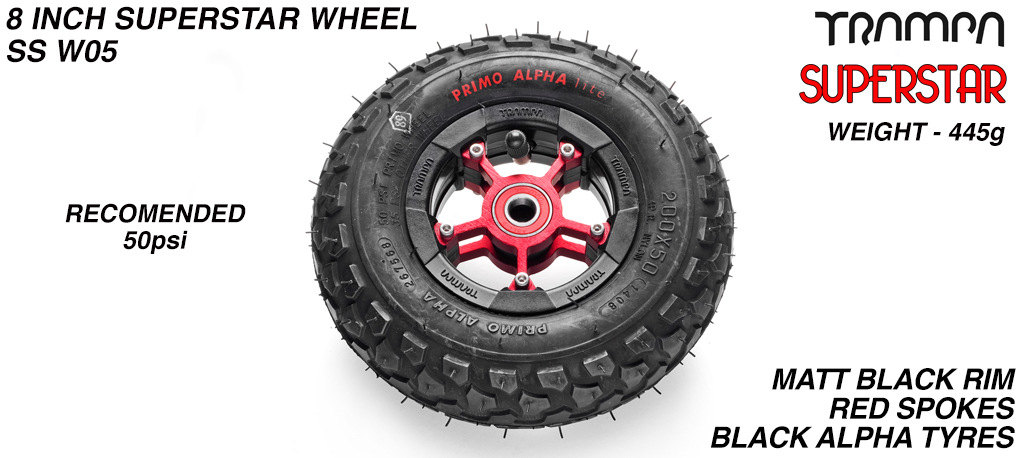 Superstar 8 inch wheel - Matt Black Rim with Red Anodised spokes & Black Alpha 8 Inch Tyres