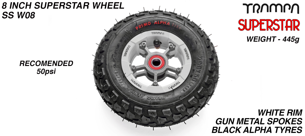 Superstar 8 inch wheel - White Gloss Rim with Gunmetal Anodised spokes & Black Alpha 8 Inch Tyres