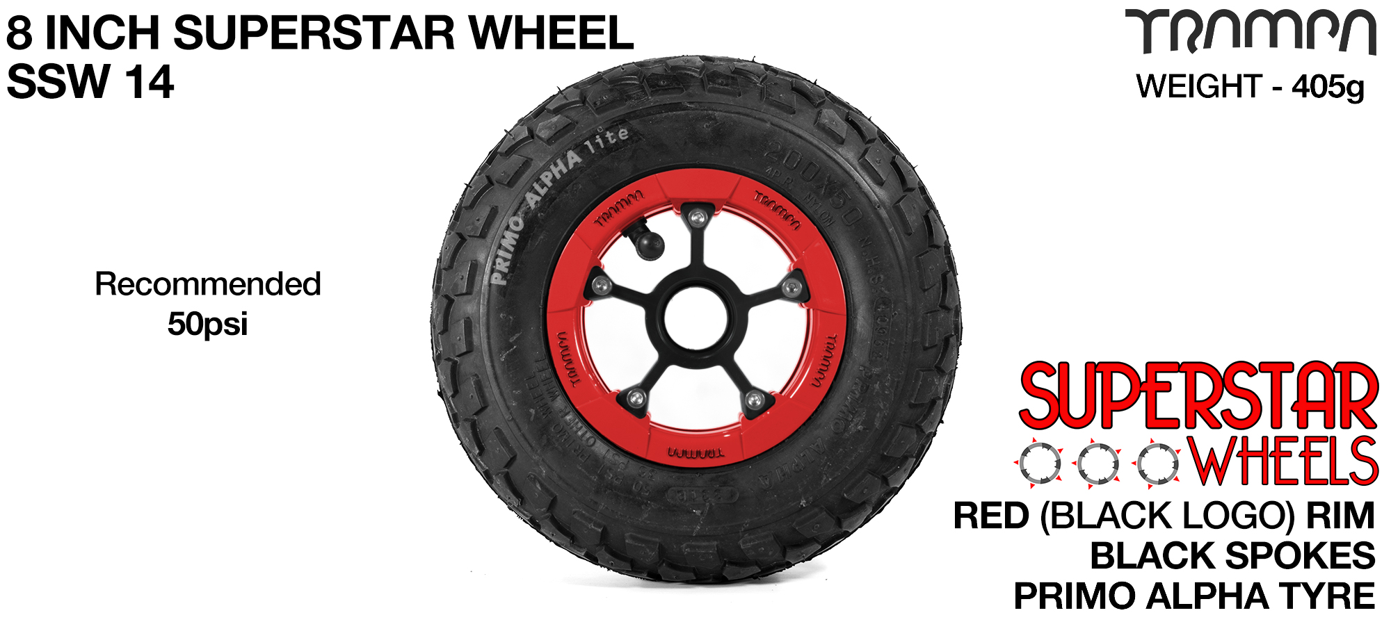 Superstar 8 inch wheel - Red Gloss Rim with Black Anodised Spokes & Black Alpha 8 Inch Tyres
