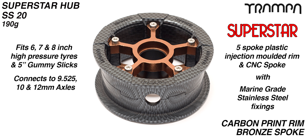 SUPERSTAR Hub 3.75 x 2 Inch - Carbon print Rim with Bronze anodised Spokes & Marine Grade Stainless Steel Bolt kit