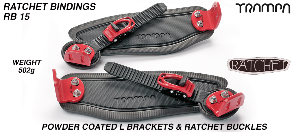 Ratchet Bindings - Black Straps on Black foam with Red L Brackets & Ratchets