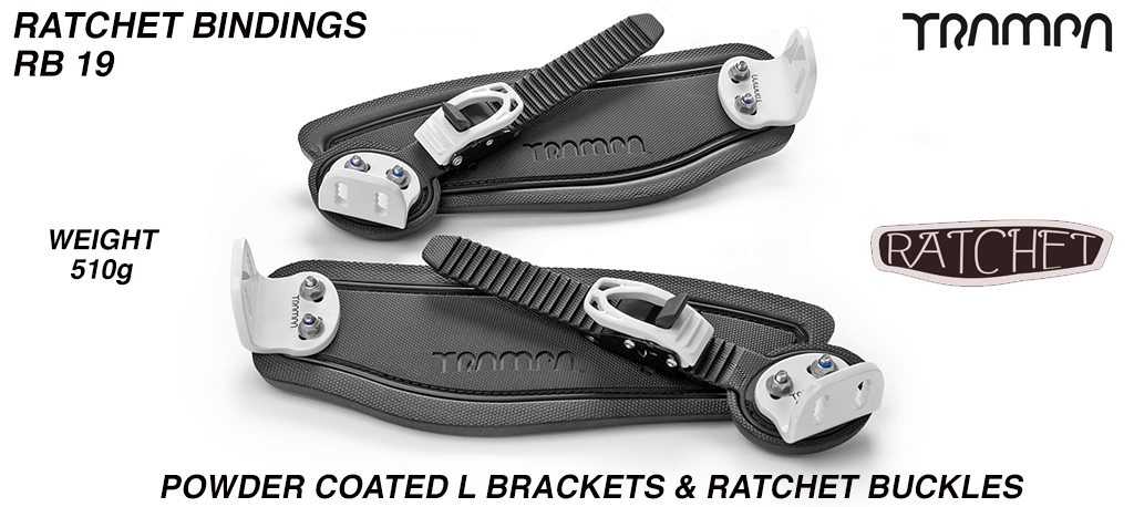 Ratchet Bindings - Black Straps on Black foam with White L Brackets & Rachets