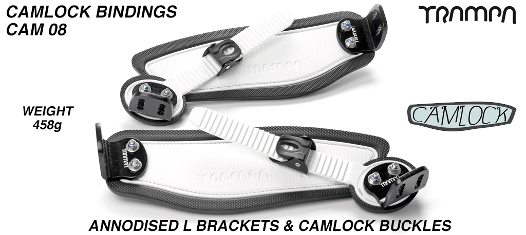 Camlock Bindings - White Straps on Black Foam Black L Brackets & Black Camlock