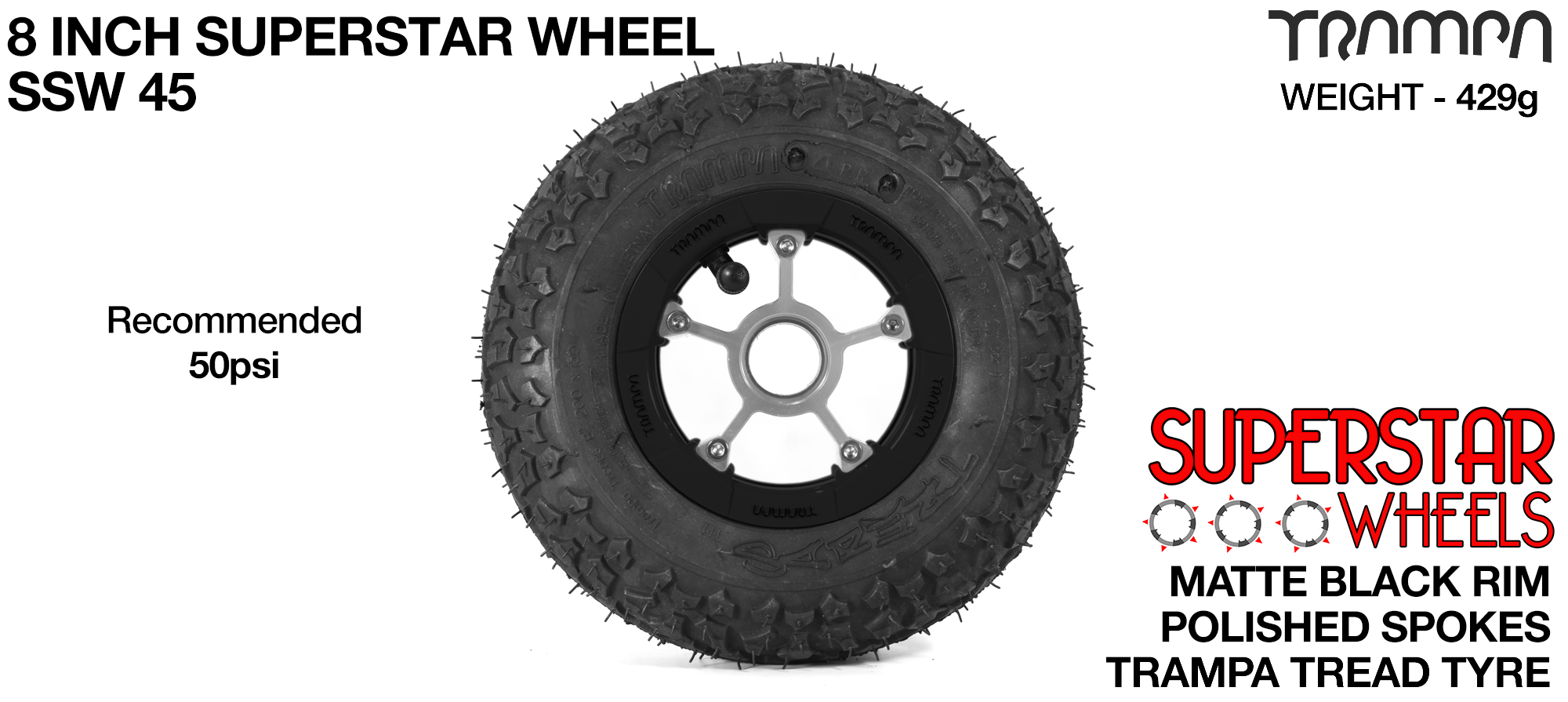 Superstar 8 inch wheel - Matt Black Rim with Silver Anodised spokes & TRAMPA TREAD 8 Inch Tyres