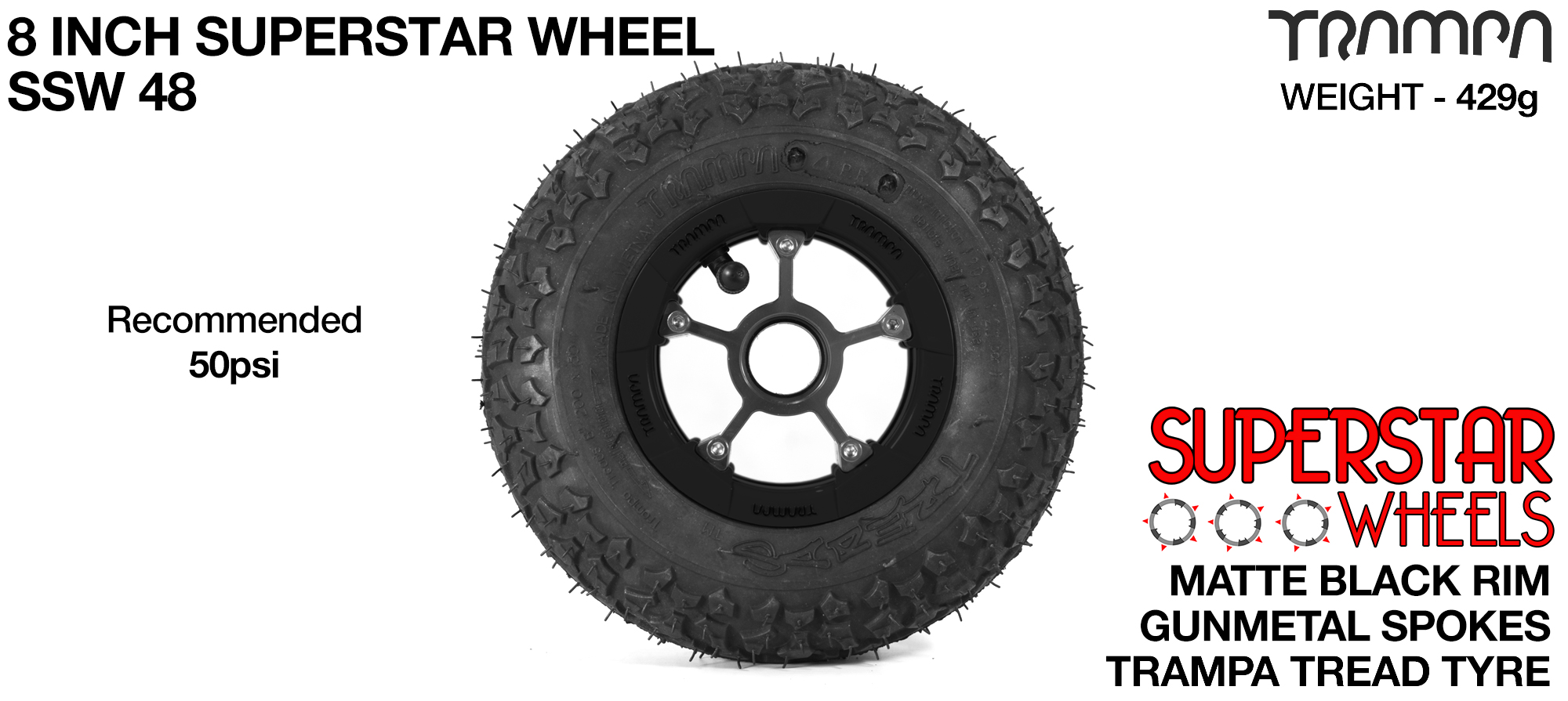 Superstar 8 inch wheel - Matt Black Rim with Gunmetal Anodised spokes & TRAMPA TREAD 8 Inch Tyres
