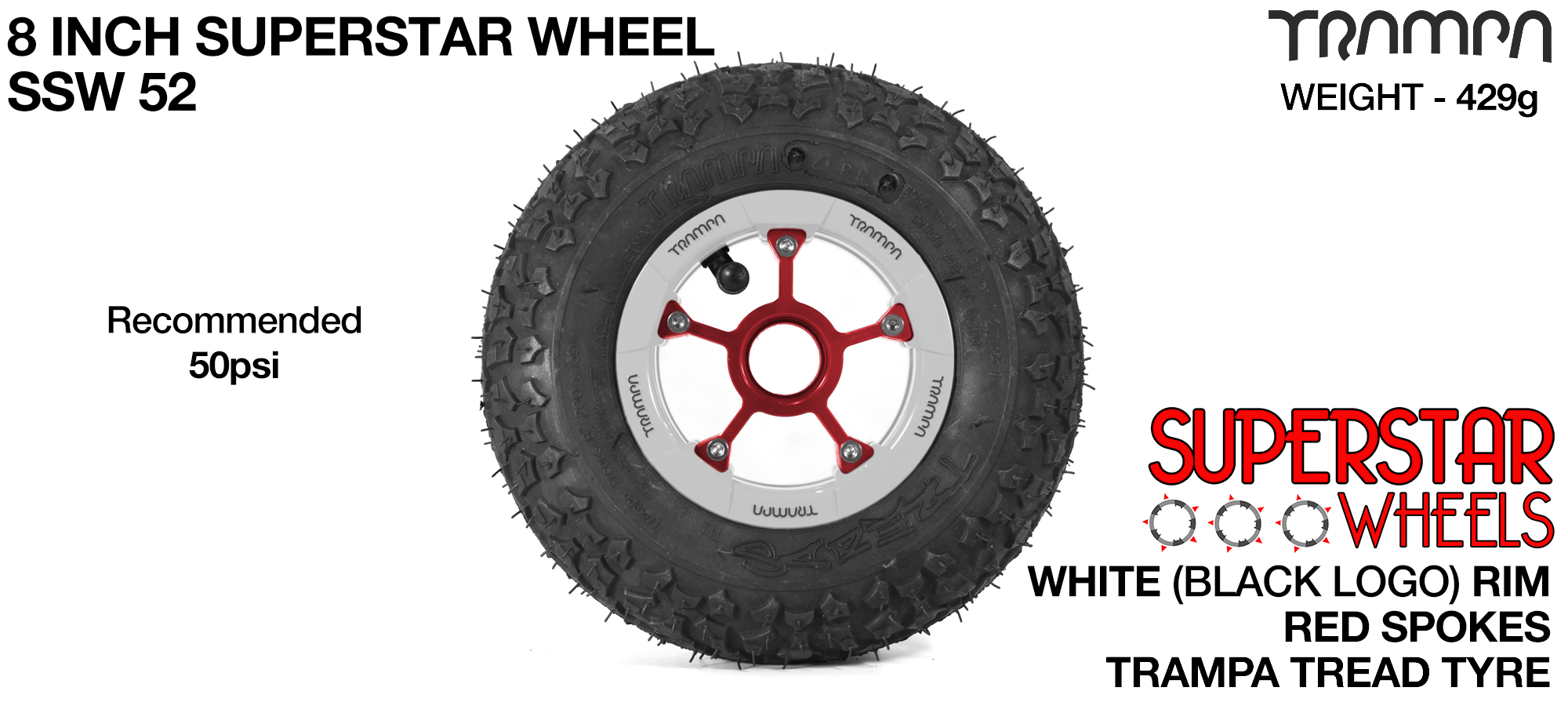 Superstar 8 inch wheel - White Gloss Rim with Red Anodised spokes & TRAMPA TREAD 8 Inch Tyres