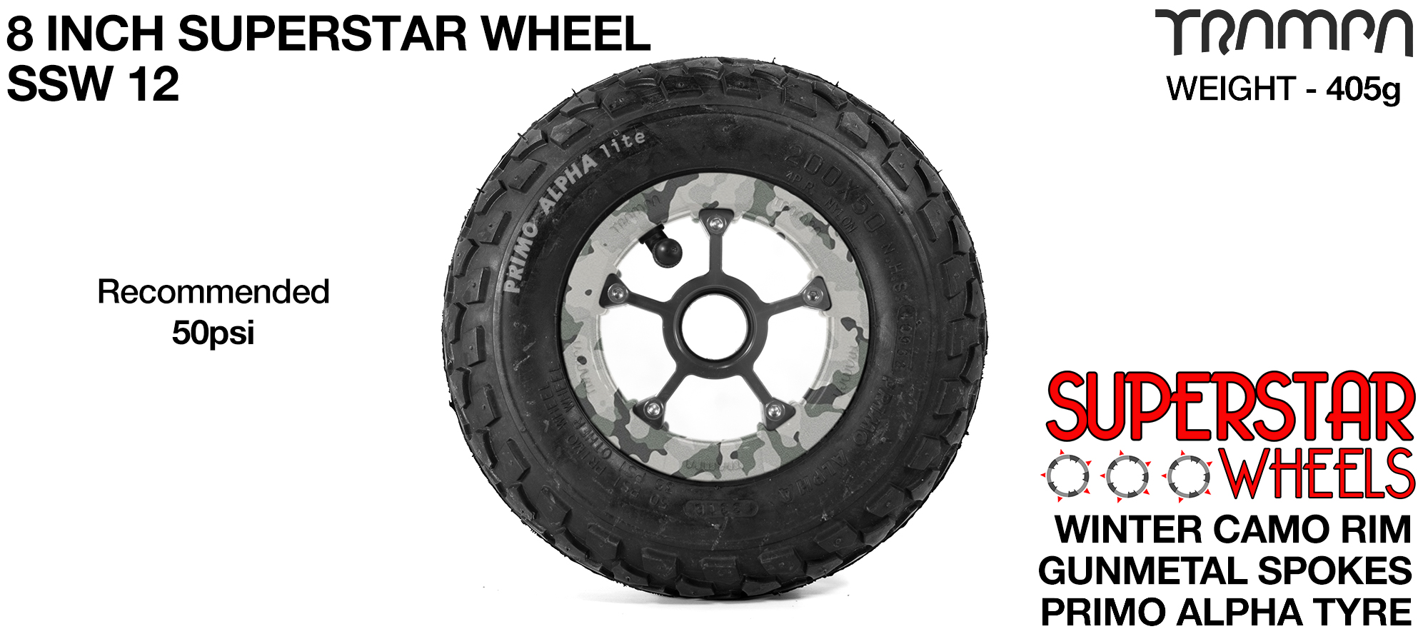 Superstar 8 inch wheel - Camo Rim with Gunmetal Anodised spokes & Black Alpha 8 Inch Tyres