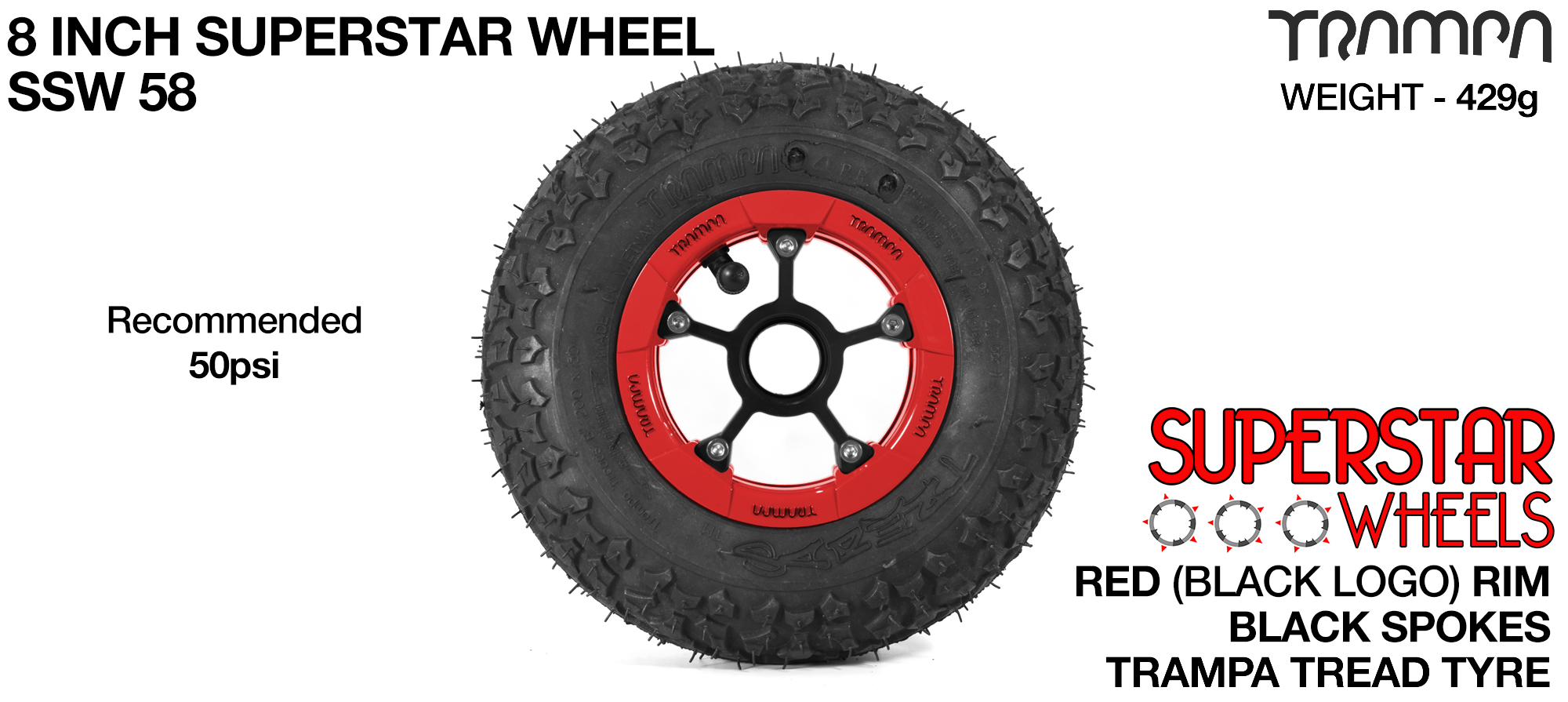 Superstar 8 inch wheel - Red Gloss Rim with Black Anodised spokes & TRAMPA TREAD 8 Inch Tyres