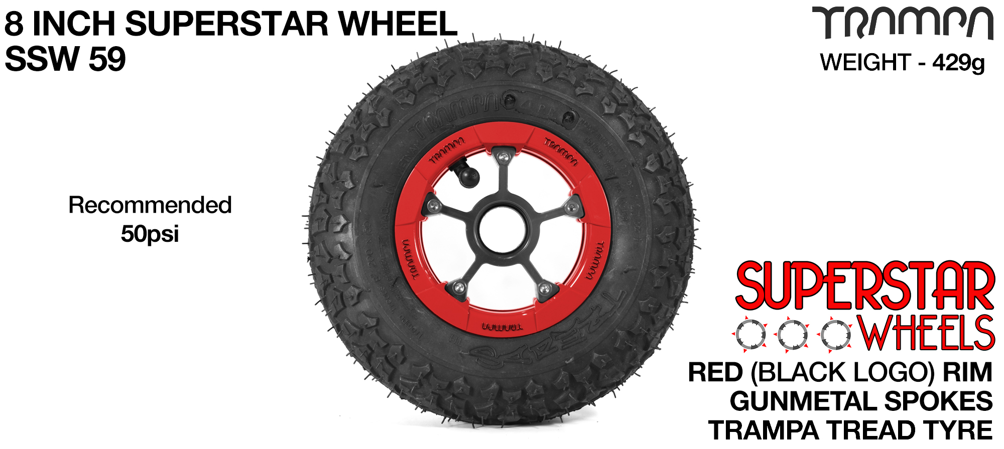 Superstar 8 inch wheel - Red Gloss Rim with Gunmetal Anodised spokes & TRAMPA TREAD 8 Inch Tyres