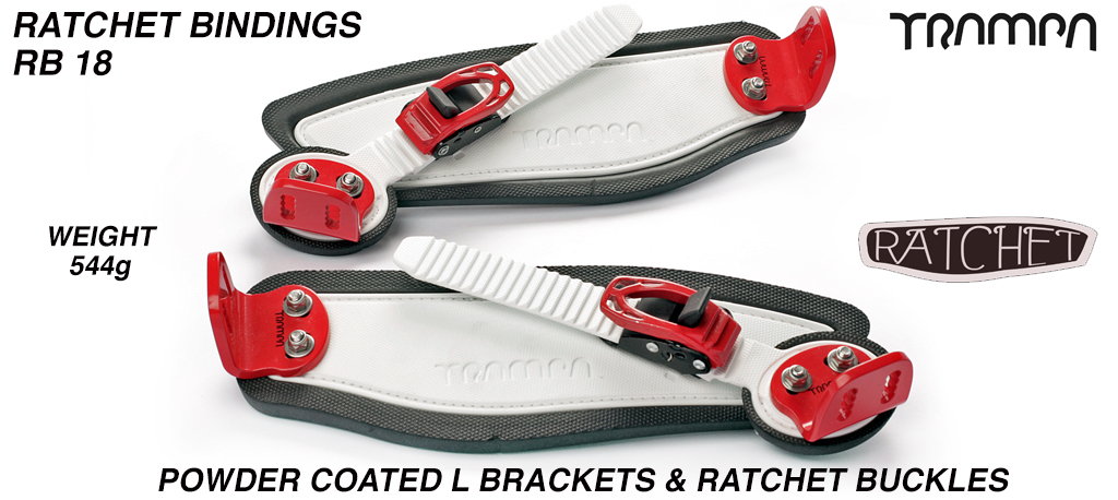 Ratchet Bindings - White Straps on Black Foam with Red L Brackets & Ratchets