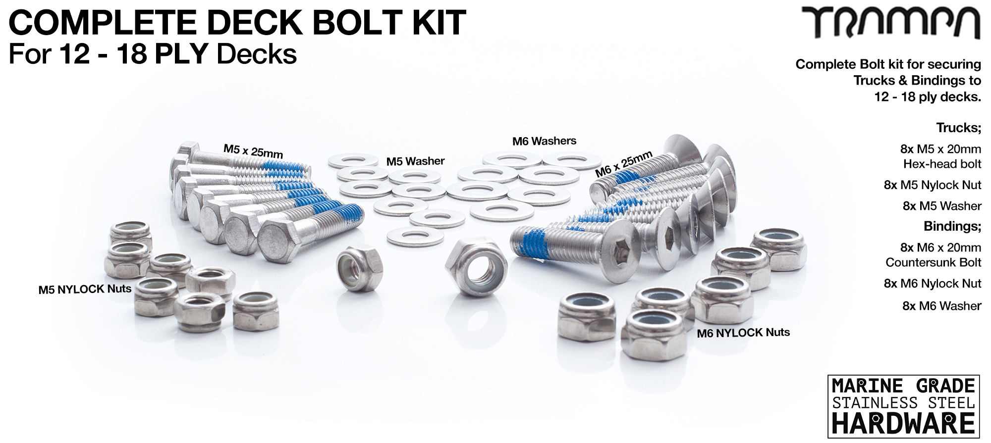 Marine Grade Stainless Steel Complete ATB Deck Bolt Kit NO Wings - 12-18ply